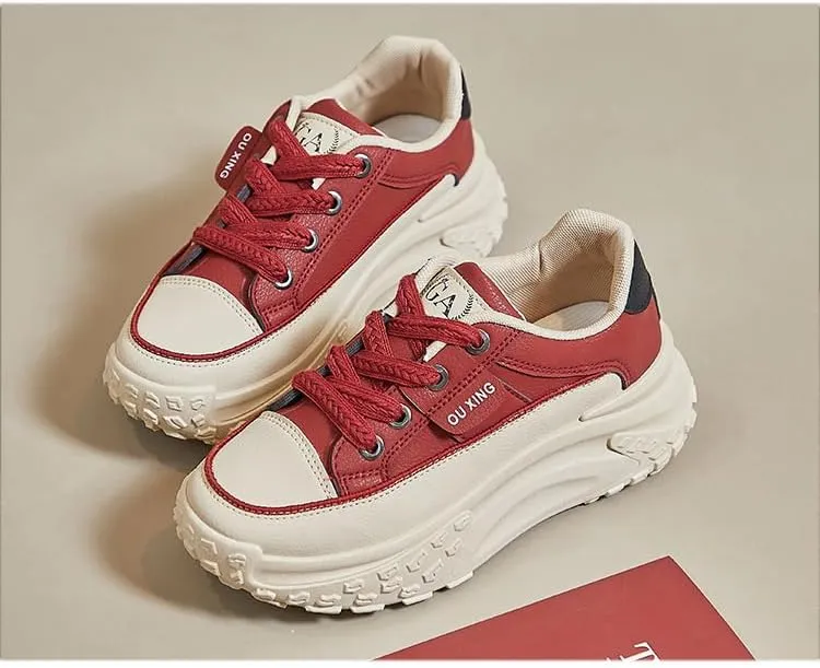 Platform Sneakers High Heel Sneakers for Women Wedge Sneakers Leather Upper Fashion Lace up Sneakers Increasing 1.78 inch