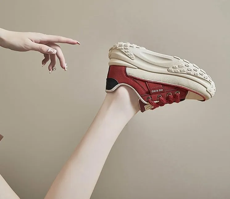 Platform Sneakers High Heel Sneakers for Women Wedge Sneakers Leather Upper Fashion Lace up Sneakers Increasing 1.78 inch
