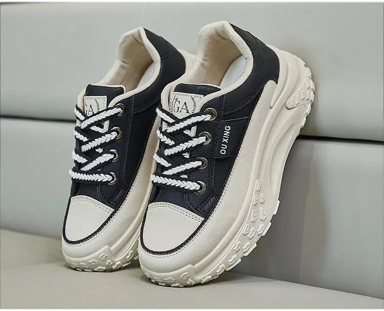 Platform Sneakers High Heel Sneakers for Women Wedge Sneakers Leather Upper Fashion Lace up Sneakers Increasing 1.78 inch