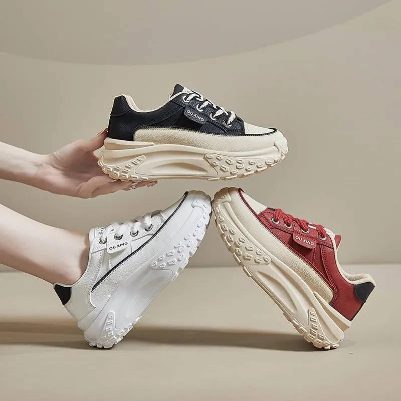 Platform Sneakers High Heel Sneakers for Women Wedge Sneakers Leather Upper Fashion Lace up Sneakers Increasing 1.78 inch