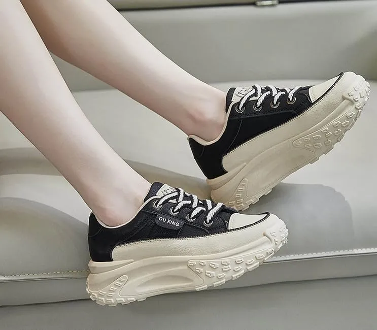 Platform Sneakers High Heel Sneakers for Women Wedge Sneakers Leather Upper Fashion Lace up Sneakers Increasing 1.78 inch