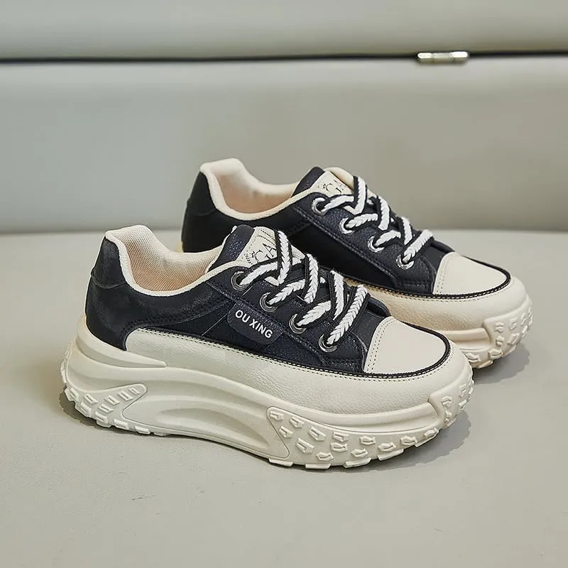 Platform Sneakers High Heel Sneakers for Women Wedge Sneakers Leather Upper Fashion Lace up Sneakers Increasing 1.78 inch
