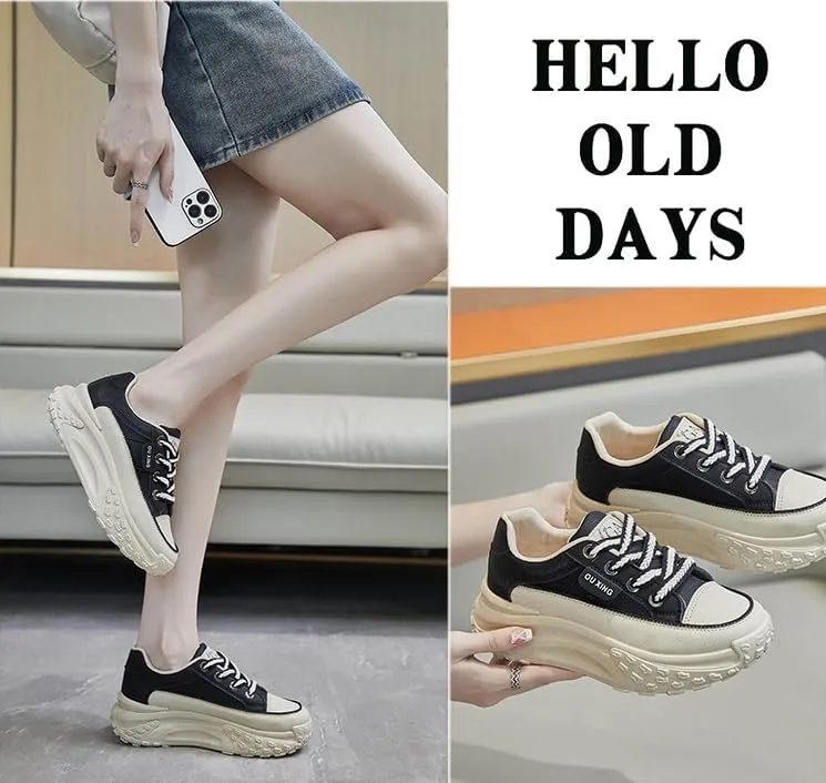 Platform Sneakers High Heel Sneakers for Women Wedge Sneakers Leather Upper Fashion Lace up Sneakers Increasing 1.78 inch