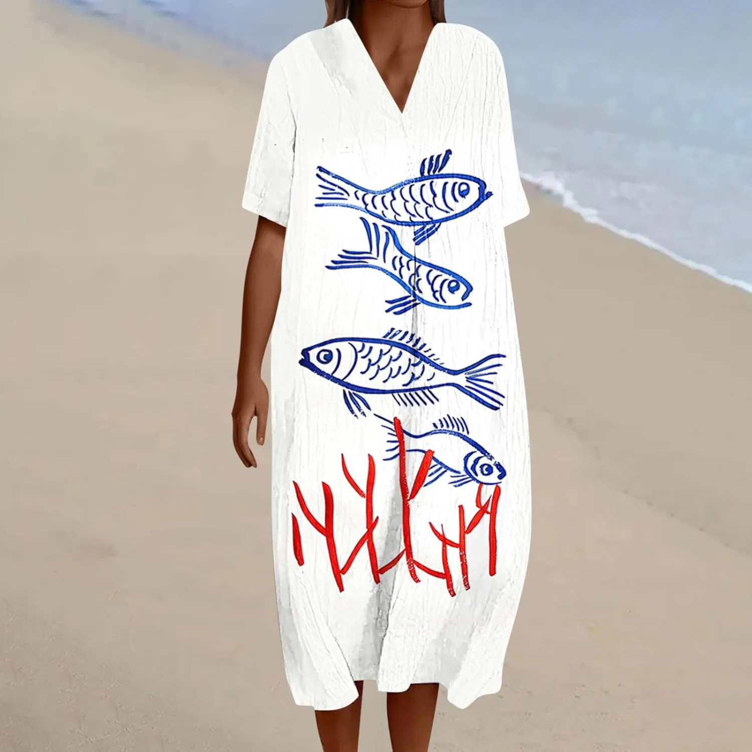 Plus Size Dress for Women Fashion V-Neck Short Sleeve Casual Pleated Dresses Loose Ruffle Hem Sundress Summer Clothes
