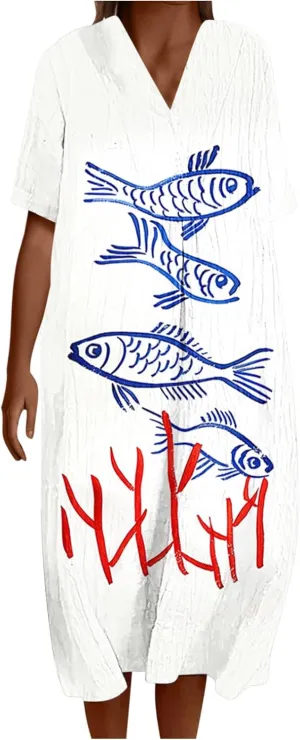 Plus Size Dress for Women Fashion V-Neck Short Sleeve Casual Pleated Dresses Loose Ruffle Hem Sundress Summer Clothes