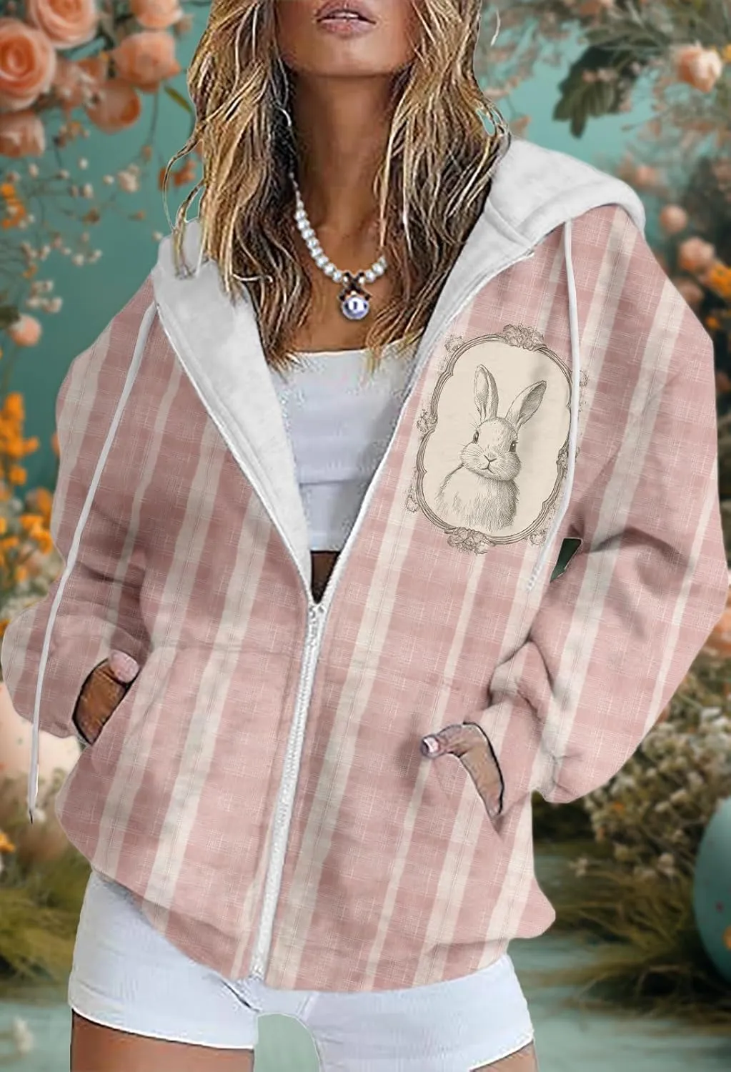 Plus Size Spring Sweatshirts for Women 2025 Easter Hoodie Bunny Egg Print Long Sleeve Hooded Jacket with Pockets