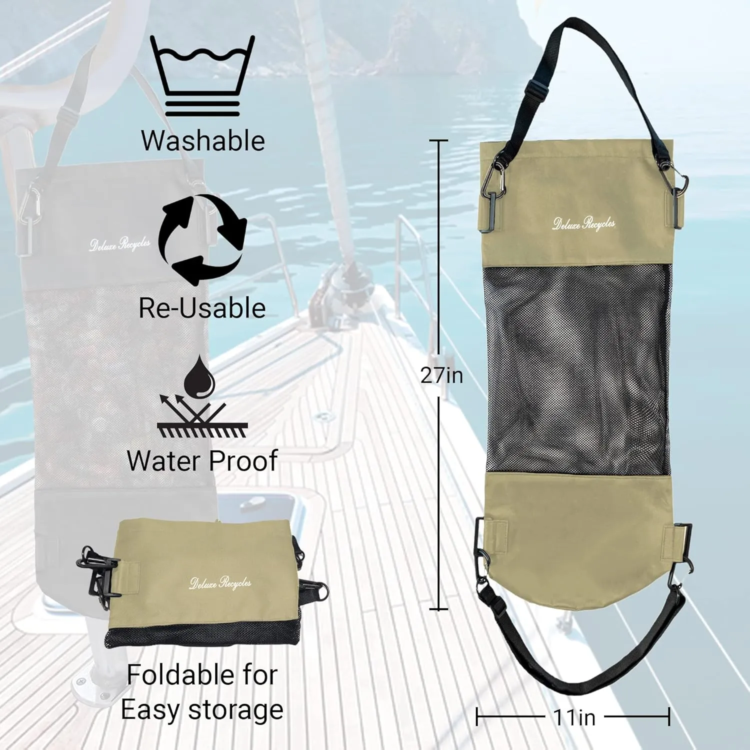 Portable Mesh Trash Bag for Boat - Washable Leakproof Outdoor Garbage Bags for Boat, Kayak or Camper – Lightweight & Large Capacity Bin Bag (Beige)