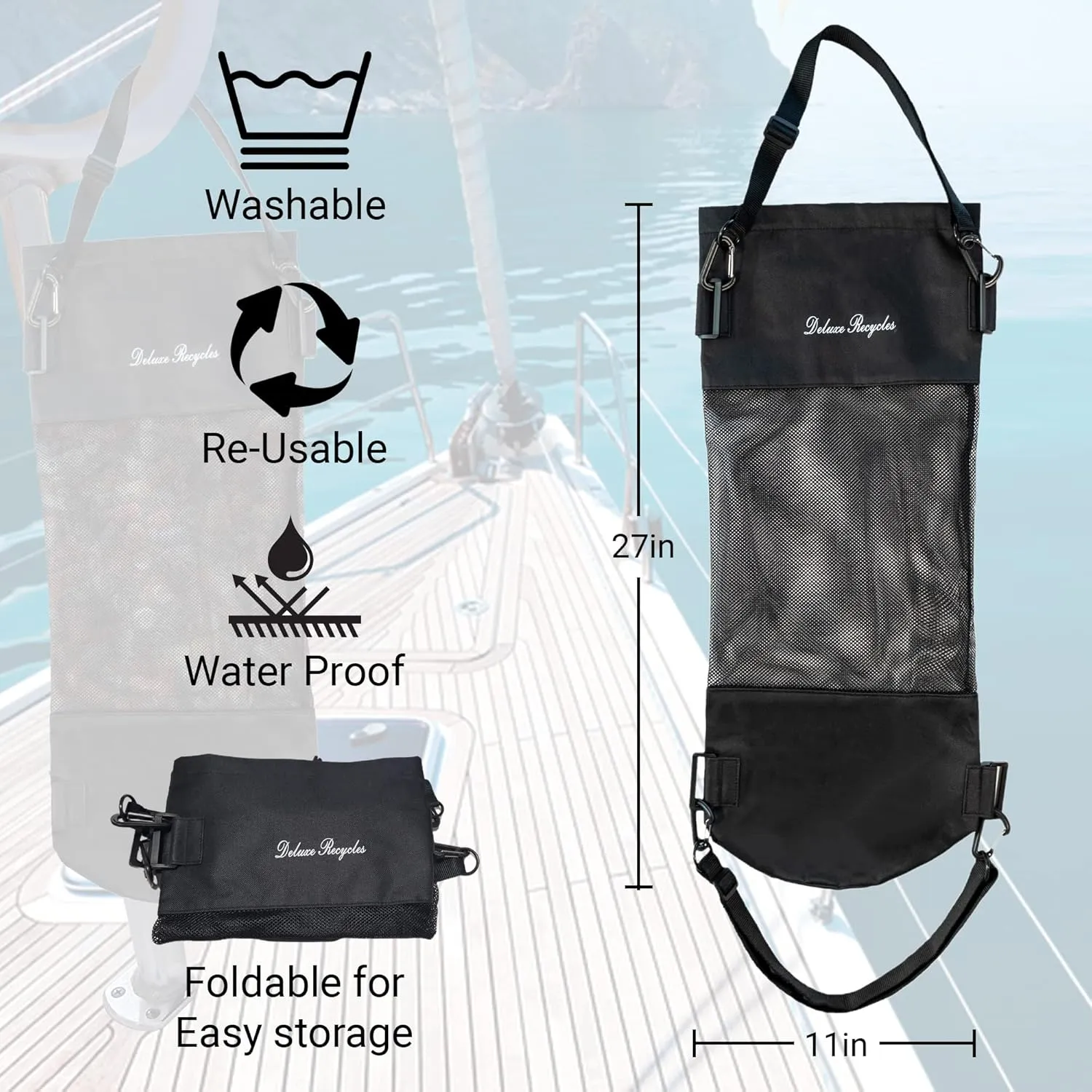 Portable Mesh Trash Bag for Boat - Washable Leakproof Outdoor Garbage Bags for Boat, Kayak or Camper – Lightweight & Large Capacity Bin Bag (Black)