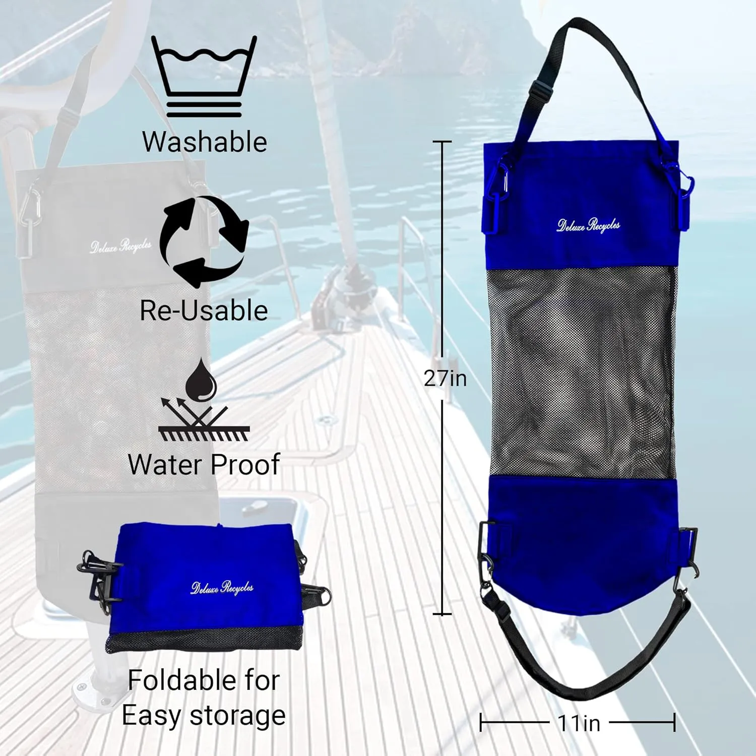 Portable Mesh Trash Bag for Boat - Washable Leakproof Outdoor Garbage Bags for Boat, Kayak or Camper – Lightweight & Large Capacity Bin Bag (Blue)