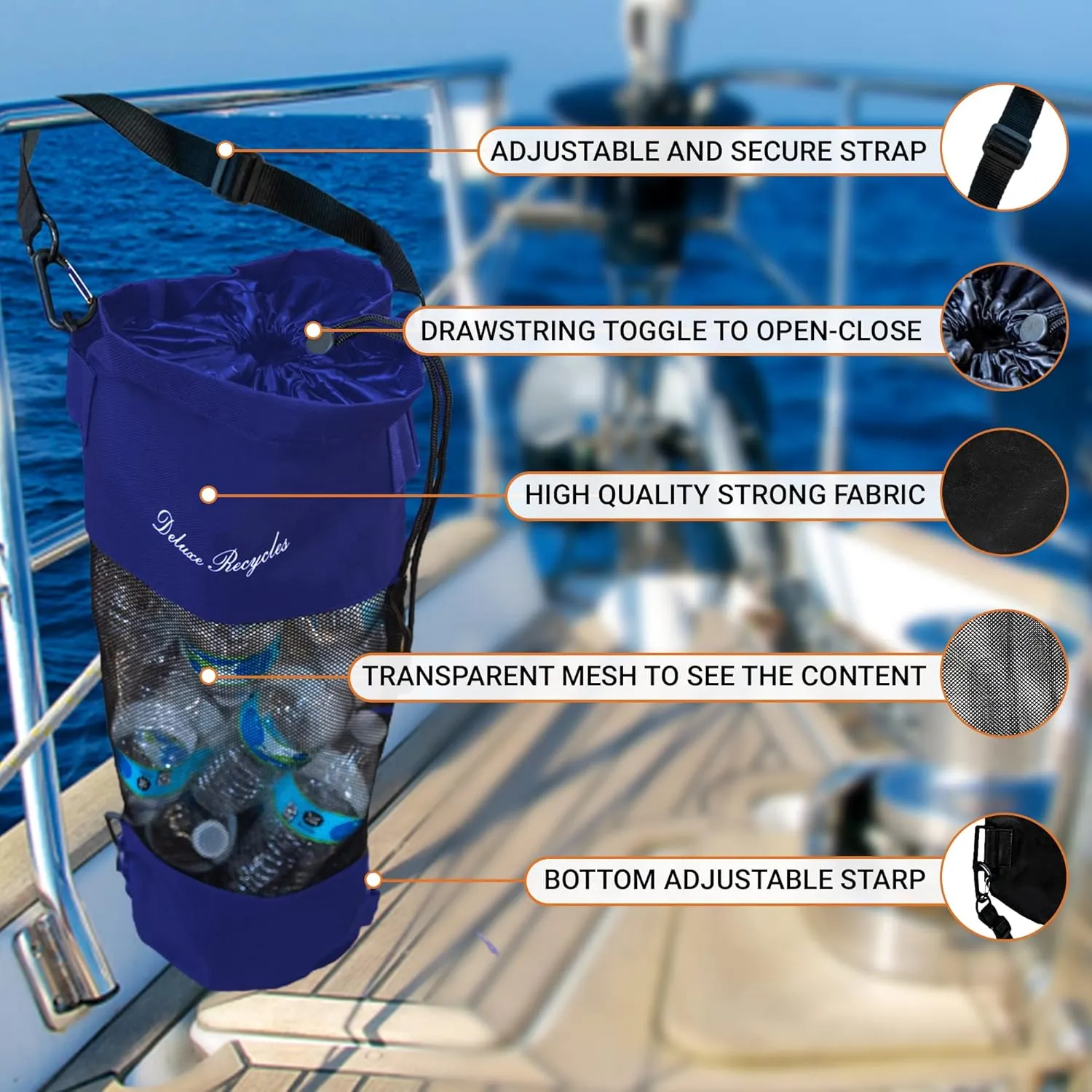 Portable Mesh Trash Bag for Boat - Washable Leakproof Outdoor Garbage Bags for Boat, Kayak or Camper – Lightweight & Large Capacity Bin Bag (Blue)