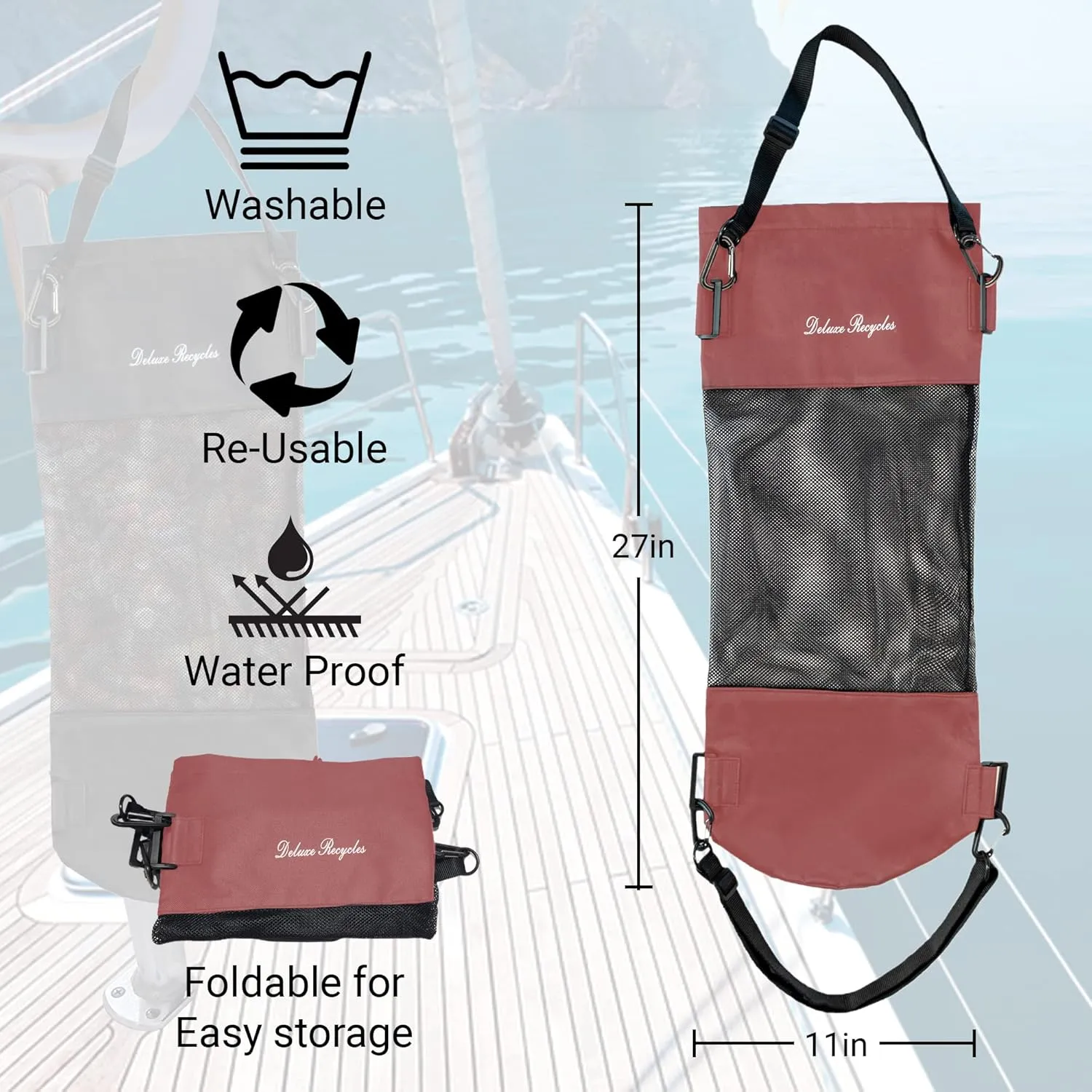 Portable Mesh Trash Bag for Boat - Washable Leakproof Outdoor Garbage Bags for Boat, Kayak or Camper – Lightweight & Large Capacity Bin Bag (Brown)