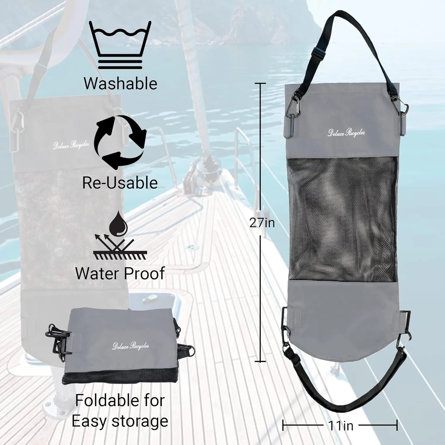 Portable Mesh Trash Bag for Boat - Washable Leakproof Outdoor Garbage Bags for Boat, Kayak or Camper – Lightweight & Large Capacity Bin Bag (Grey)