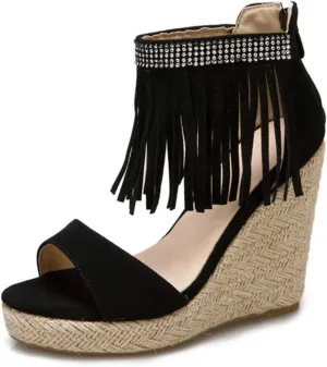 Purubylley Womens Espadrille Rhinestones Wedge Sandals Ankle Strap Platform Sandals Open Toe Tassels Wedges Lace Up Summer Casual Dress Shoes