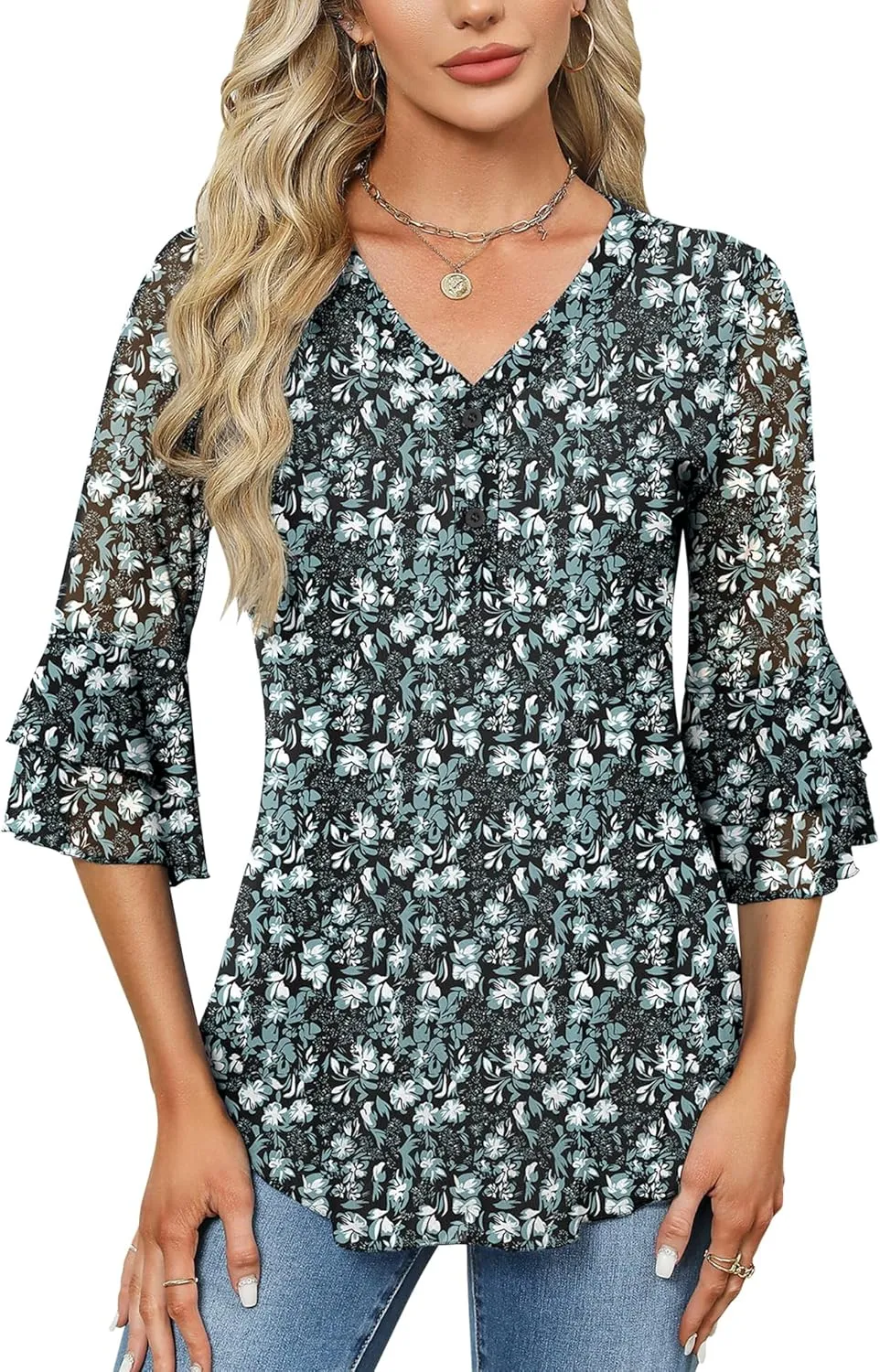 Rapbin Women Dressy Blouse 3/4 Sleeve Tiered Bell Sleeve Double Layers Mesh Shirt Trendy Flowy Tunic