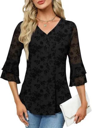 Rapbin Women Dressy Blouse 3/4 Sleeve Tiered Bell Sleeve Double Layers Mesh Shirt Trendy Flowy Tunic
