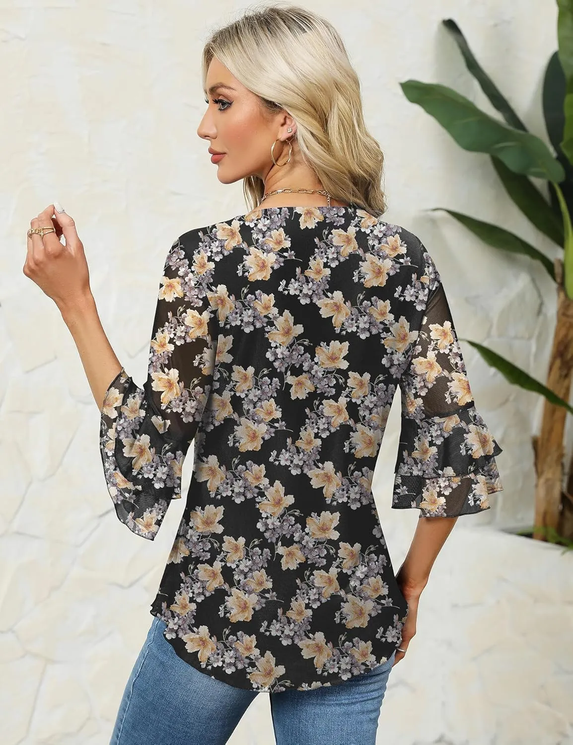 Rapbin Women Dressy Blouse 3/4 Sleeve Tiered Bell Sleeve Double Layers Mesh Shirt Trendy Flowy Tunic