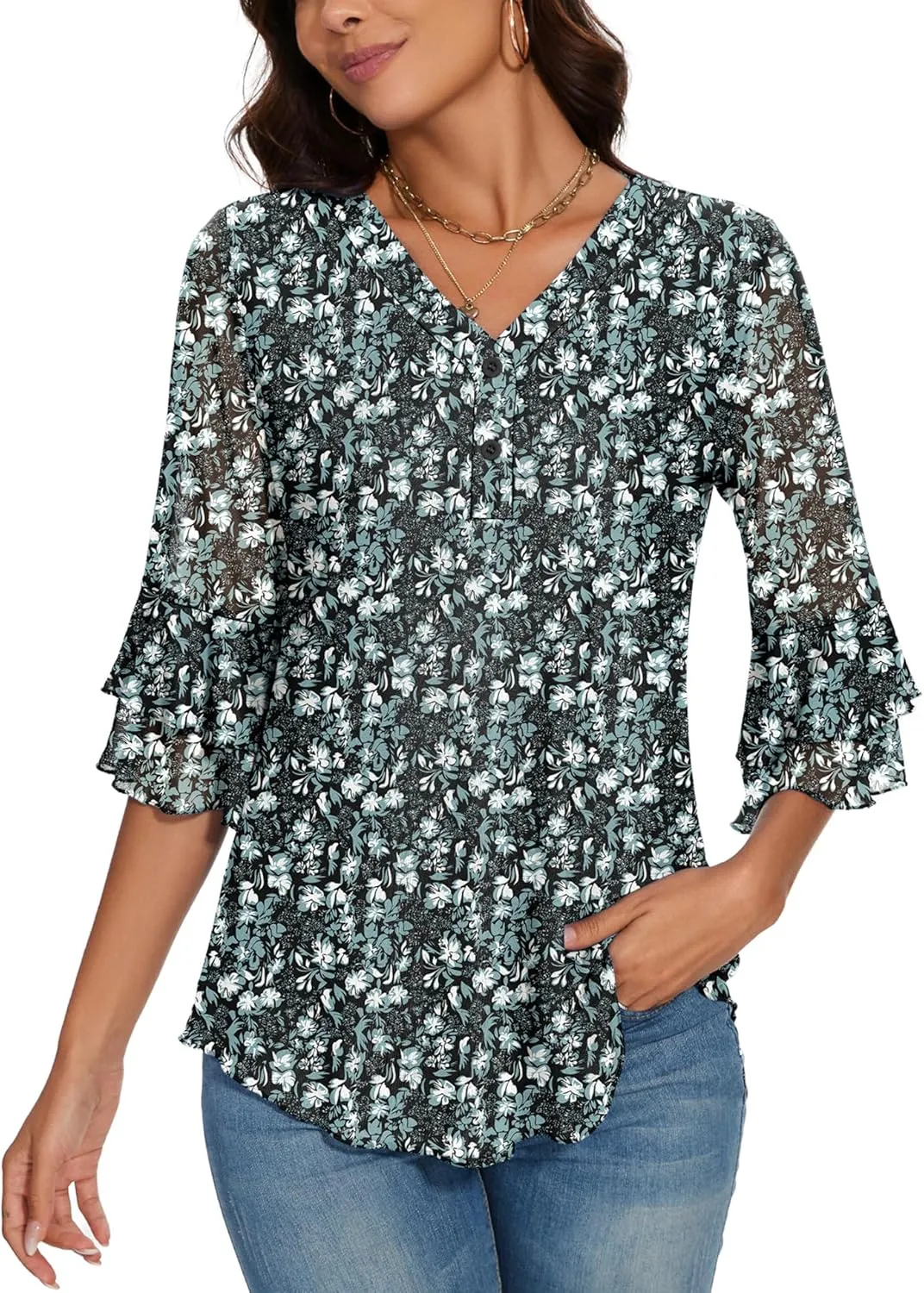 Rapbin Women Dressy Blouse 3/4 Sleeve Tiered Bell Sleeve Double Layers Mesh Shirt Trendy Flowy Tunic