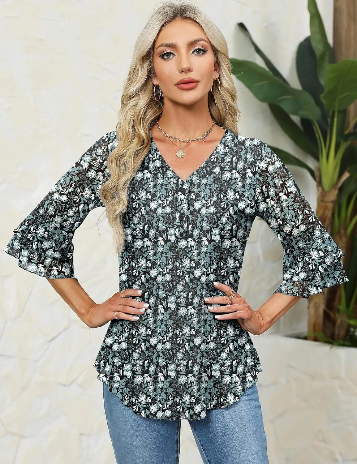 Rapbin Women Dressy Blouse 3/4 Sleeve Tiered Bell Sleeve Double Layers Mesh Shirt Trendy Flowy Tunic