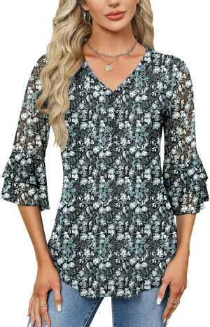 Rapbin Women Dressy Blouse 3/4 Sleeve Tiered Bell Sleeve Double Layers Mesh Shirt Trendy Flowy Tunic