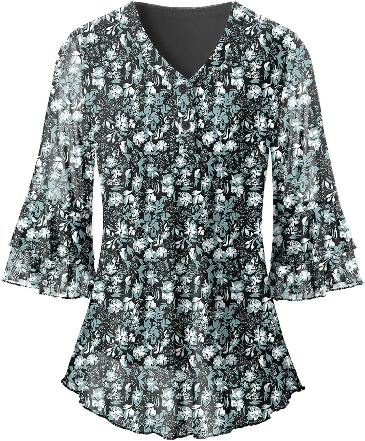 Rapbin Women Dressy Blouse 3/4 Sleeve Tiered Bell Sleeve Double Layers Mesh Shirt Trendy Flowy Tunic