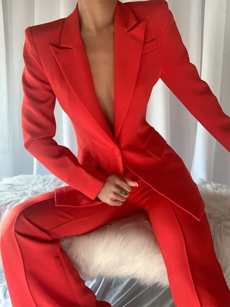 Red 2 Piece Peak Lapel Single Breasted Slim Fit Women's Suit