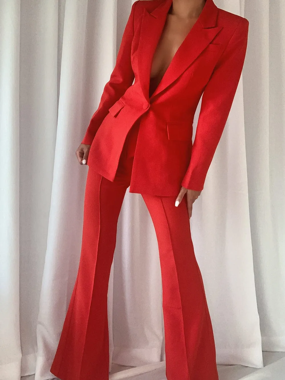 Red 2 Piece Peak Lapel Single Breasted Slim Fit Women's Suit