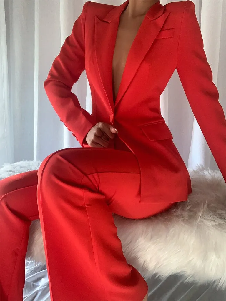 Red 2 Piece Peak Lapel Single Breasted Slim Fit Women's Suit