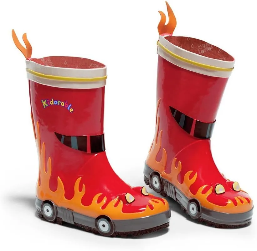 Red Fireman Natural Rubber Rain Boots w/Fun Flame Pull On Heel Tab