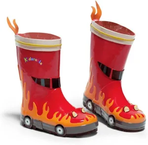 Red Fireman Natural Rubber Rain Boots w/Fun Flame Pull On Heel Tab
