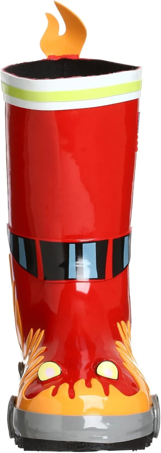 Red Fireman Natural Rubber Rain Boots w/Fun Flame Pull On Heel Tab