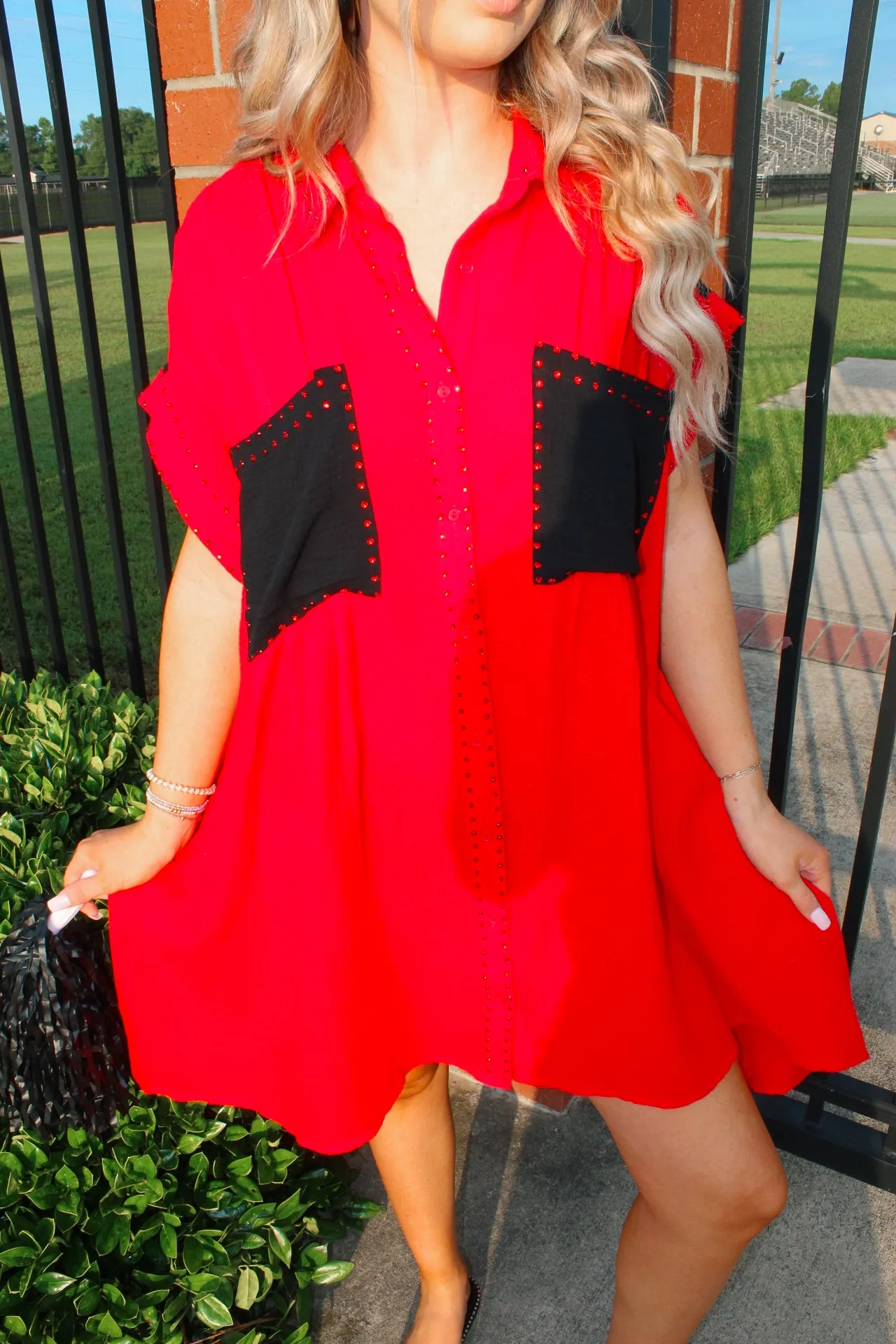 Red/Black Rhinestone Colorblock Dress