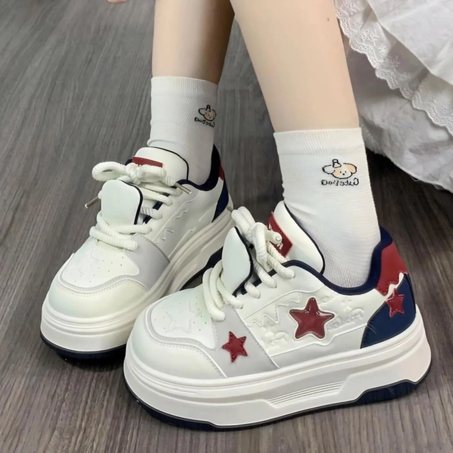 Retro White Chunky Shoes Women Trendy Vintage Star Sneakers Fashion Casual Aesthetic Y2K Platform Shoes