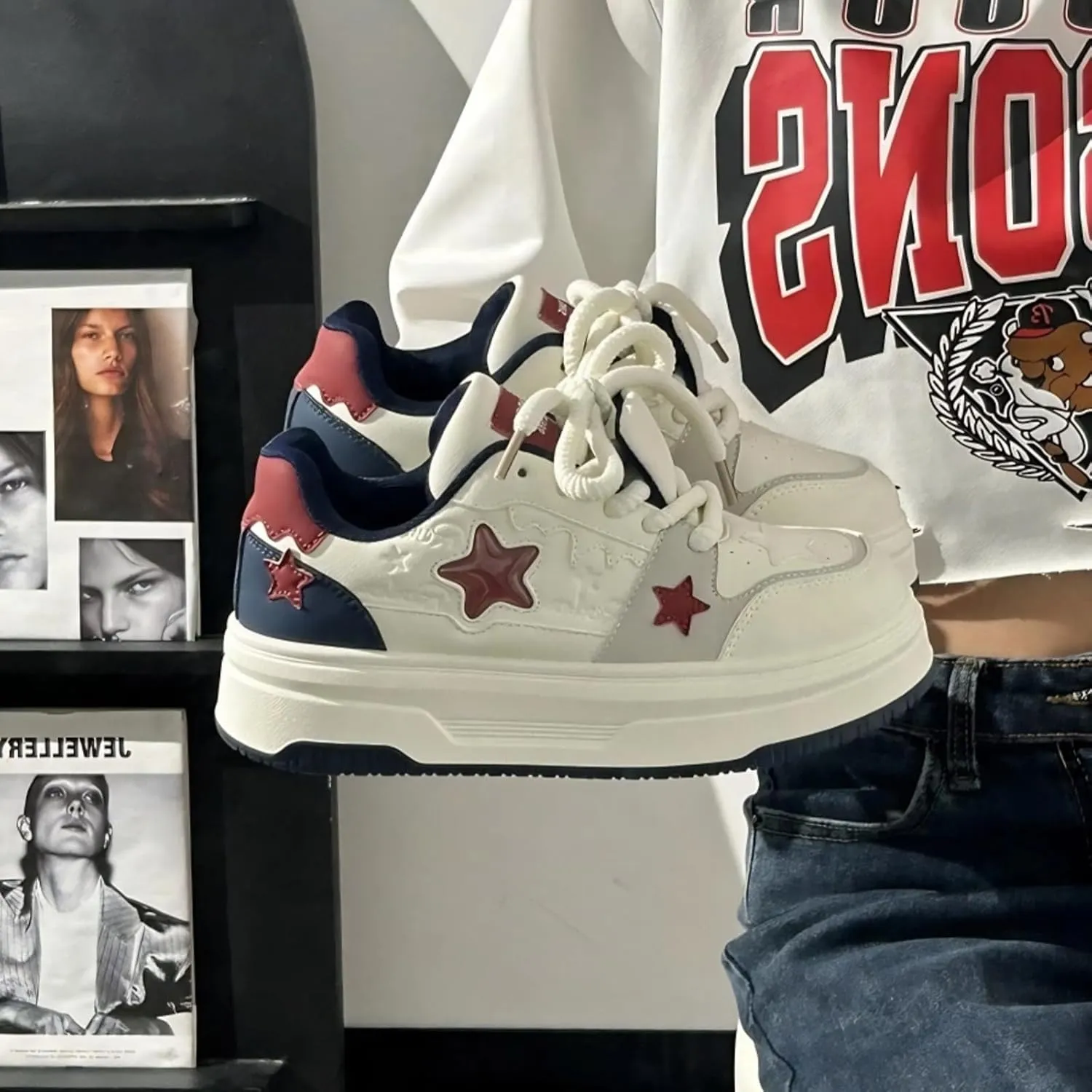 Retro White Chunky Shoes Women Trendy Vintage Star Sneakers Fashion Casual Aesthetic Y2K Platform Shoes