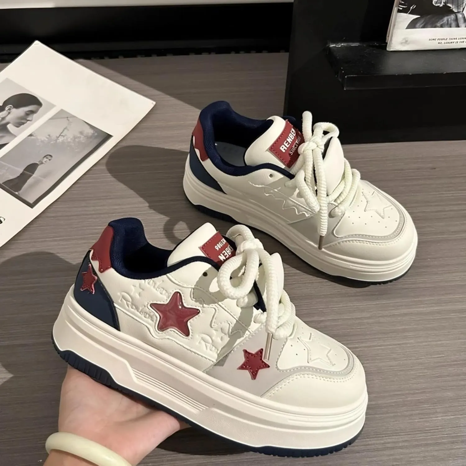 Retro White Chunky Shoes Women Trendy Vintage Star Sneakers Fashion Casual Aesthetic Y2K Platform Shoes