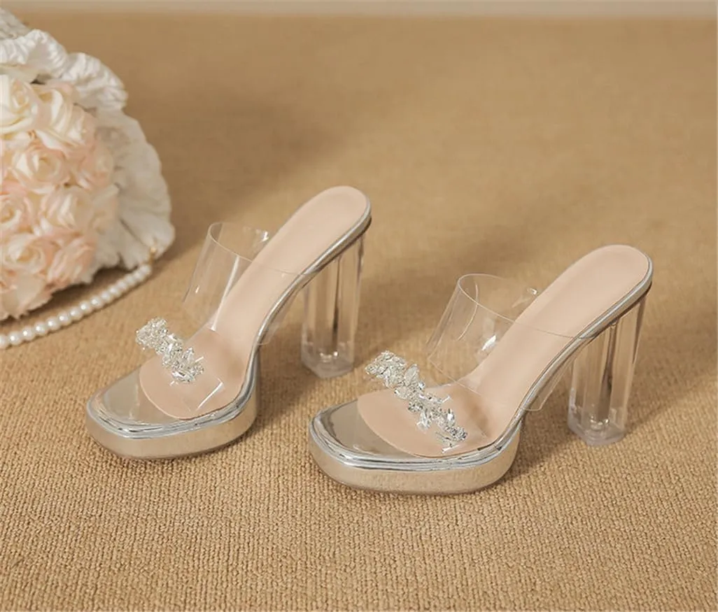 Rhinestone Transparent Crystal Sandals Women Summer One Strap Chunky Heel Slippers 11cm/4.33in Heels