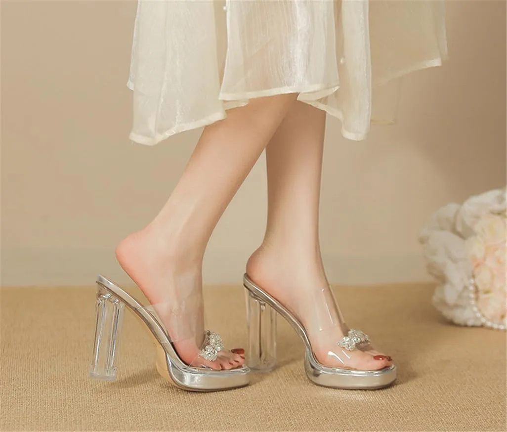 Rhinestone Transparent Crystal Sandals Women Summer One Strap Chunky Heel Slippers 11cm/4.33in Heels