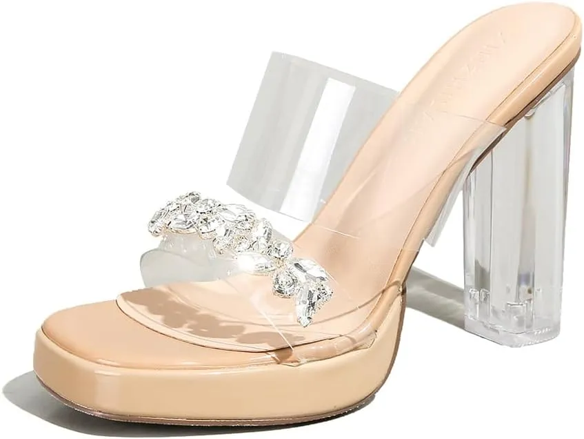 Rhinestone Transparent Crystal Sandals Women Summer One Strap Chunky Heel Slippers 11cm/4.33in Heels