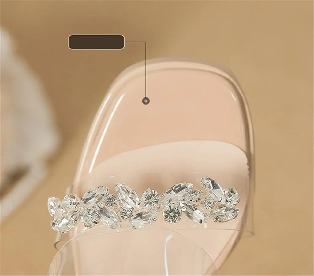 Rhinestone Transparent Crystal Sandals Women Summer One Strap Chunky Heel Slippers 11cm/4.33in Heels