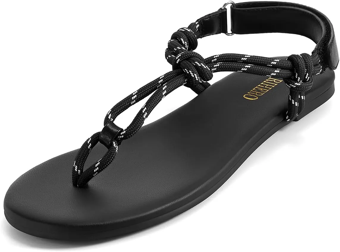Rihero Black Flat Sandals for Women Beach Flip Flops T Strap Slip On Comfortable Rope Thong Sandals Size 10