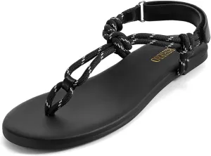 Rihero Black Flat Sandals for Women Beach Flip Flops T Strap Slip On Comfortable Rope Thong Sandals Size 10