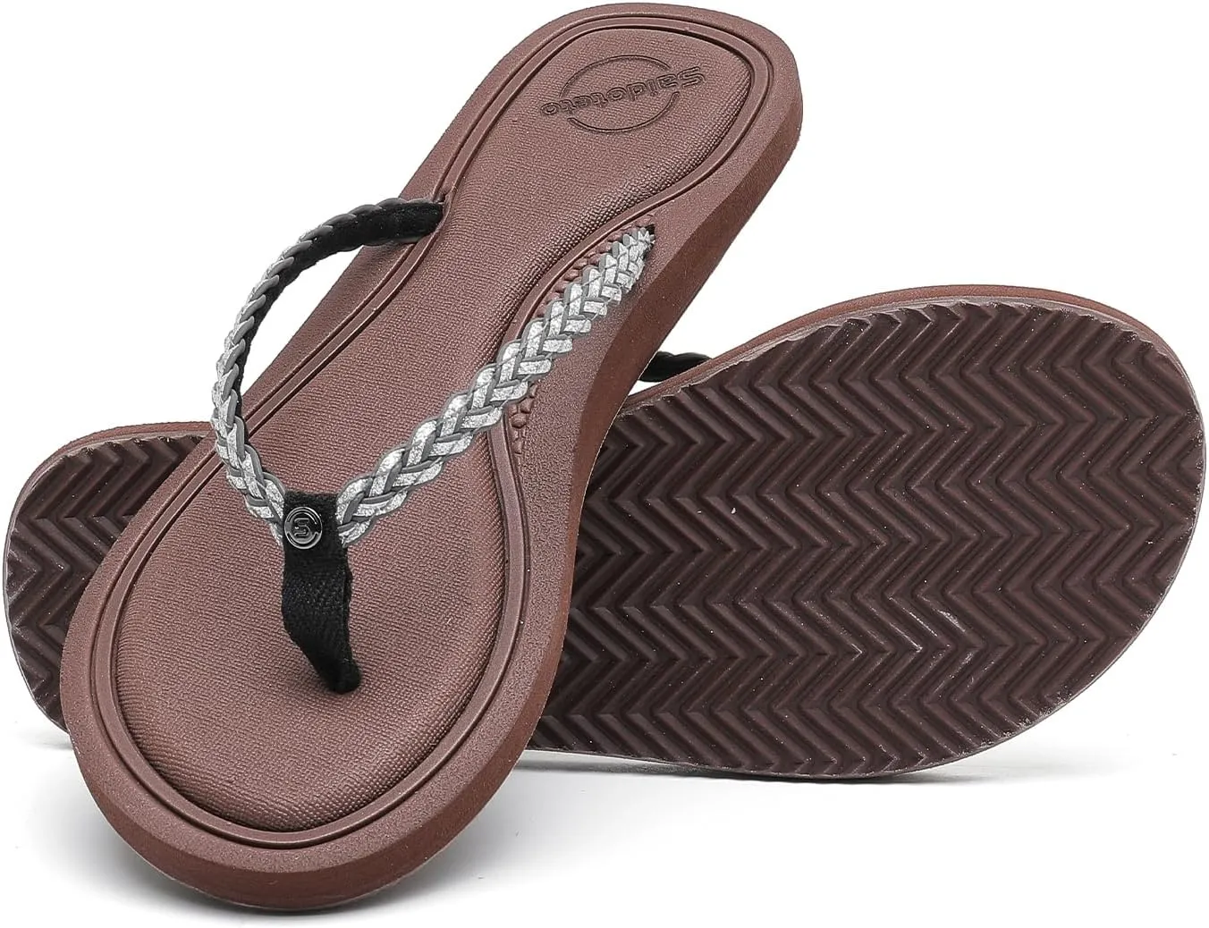 Saidoteto Women's Glittery Dressy Flip Flops, Casual Braided Slip-On Summer Beach Thong Sandals with Slim T-Strap