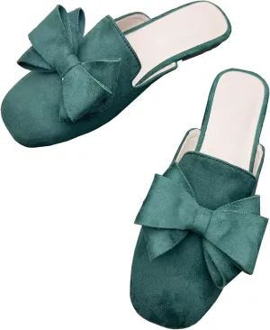 SAILING LU Women's Cute Bow Mules Square Toe Backless Loafers Easy Slip-on Flat Slides Comfortable Sandals Summer Shoes