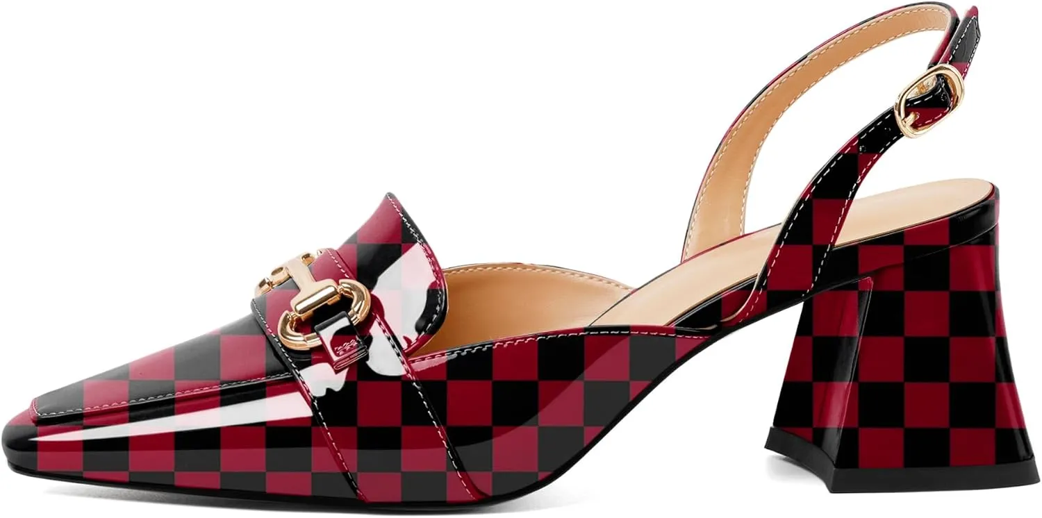 SAMMITOP Women Slingback Low Chunky Heels Loafer Pumps Metal Buckle Block Heeled Sandals Closed Square Toe Dress Shoes Work Office Casual 2.5 Inch