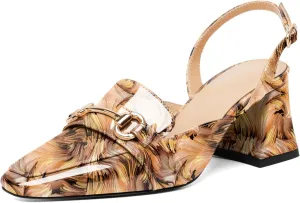 SAMMITOP Women Slingback Low Chunky Heels Loafer Pumps Metal Buckle Block Heeled Sandals Closed Square Toe Dress Shoes Work Office Casual 2.5 Inch