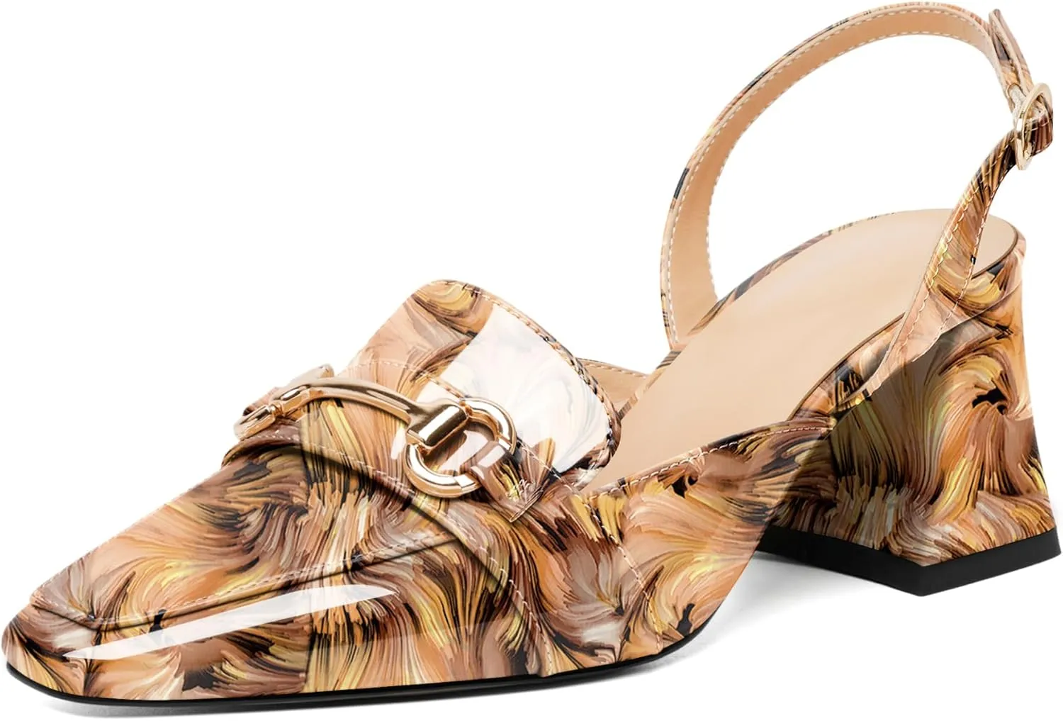 SAMMITOP Women Slingback Low Chunky Heels Loafer Pumps Metal Buckle Block Heeled Sandals Closed Square Toe Dress Shoes Work Office Casual 2.5 Inch