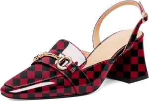 SAMMITOP Women Slingback Low Chunky Heels Loafer Pumps Metal Buckle Block Heeled Sandals Closed Square Toe Dress Shoes Work Office Casual 2.5 Inch