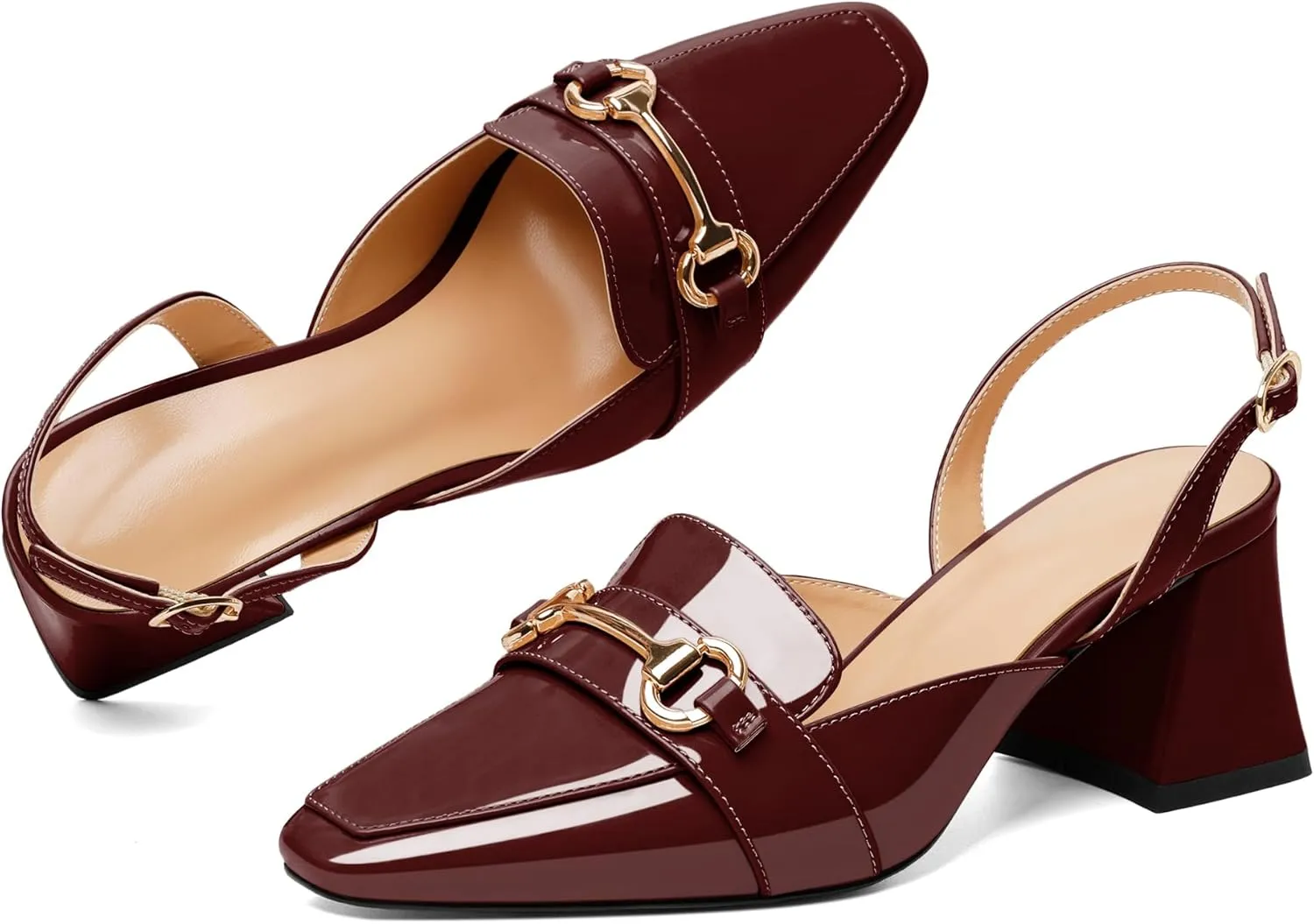 SAMMITOP Women Slingback Low Chunky Heels Loafer Pumps Metal Buckle Block Heeled Sandals Closed Square Toe Dress Shoes Work Office Casual 2.5 Inch