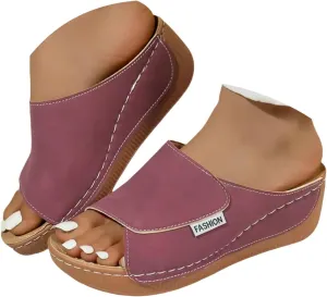 Sandals for Women 2025 Comfortable Arch Support Slides Women's Solid Color Breathable Summer Orthotic Leather Platform All Day Walking Platform Casual Wedge Sandal