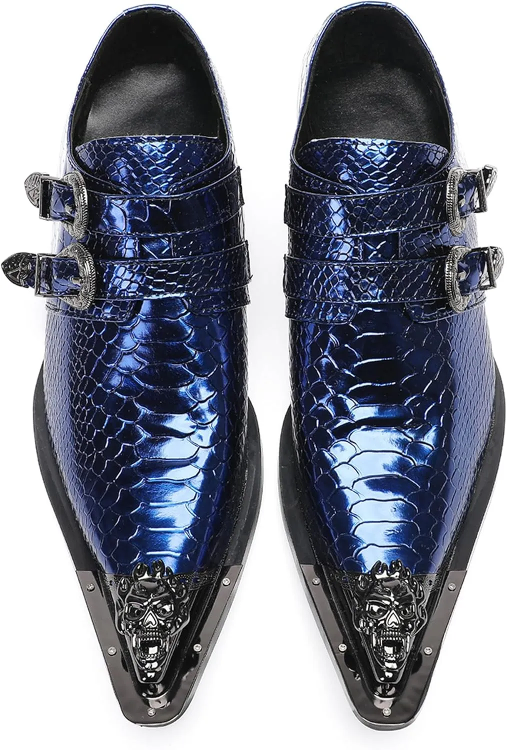 Santimon Men's Luxury Patent Leather Dress Shoes - Snakeskin Texture Metal Pointed Toe Metallic Monk Strap Loafers Formal Shoes with Buckle Accent for Wedding Party Bar Singer