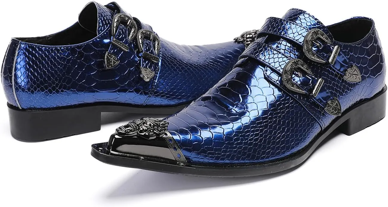 Santimon Men's Luxury Patent Leather Dress Shoes - Snakeskin Texture Metal Pointed Toe Metallic Monk Strap Loafers Formal Shoes with Buckle Accent for Wedding Party Bar Singer
